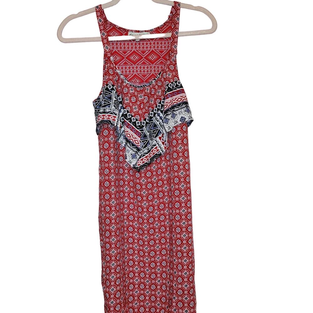 Almost Famous red handkerchief mixed print crocheted lace back sleeveless dress